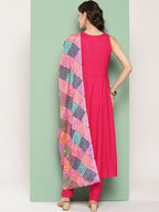 InWeave Women's Fuchsia Mirror Work Strappy Set W Square Bandhani Print Silk Dup | Grocsy