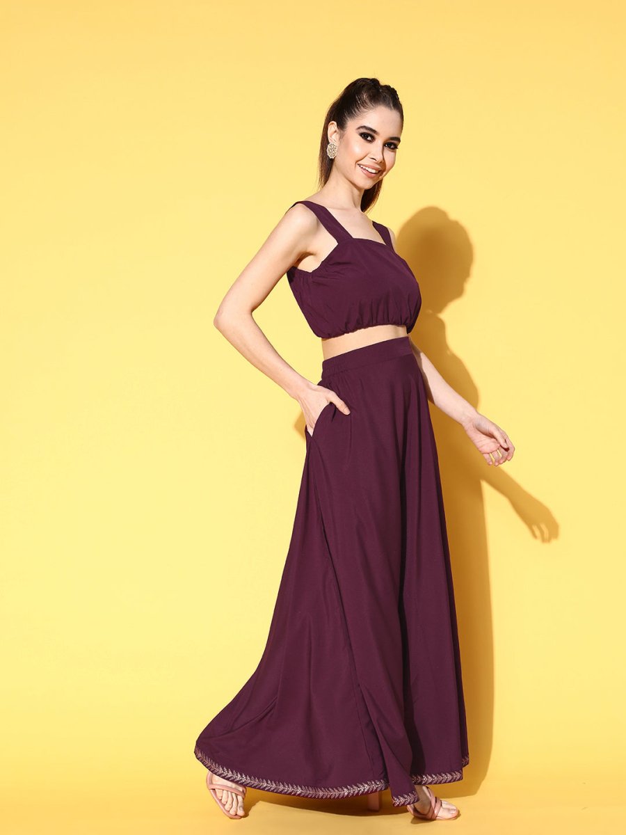 Ahalyaa Women Burgundy Top With Skirt & With Jacket | Grocsy