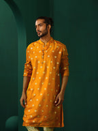 trueBrowns Men's Mustard Geometric Floral Viscose Silk Long Kurta | Grocsy