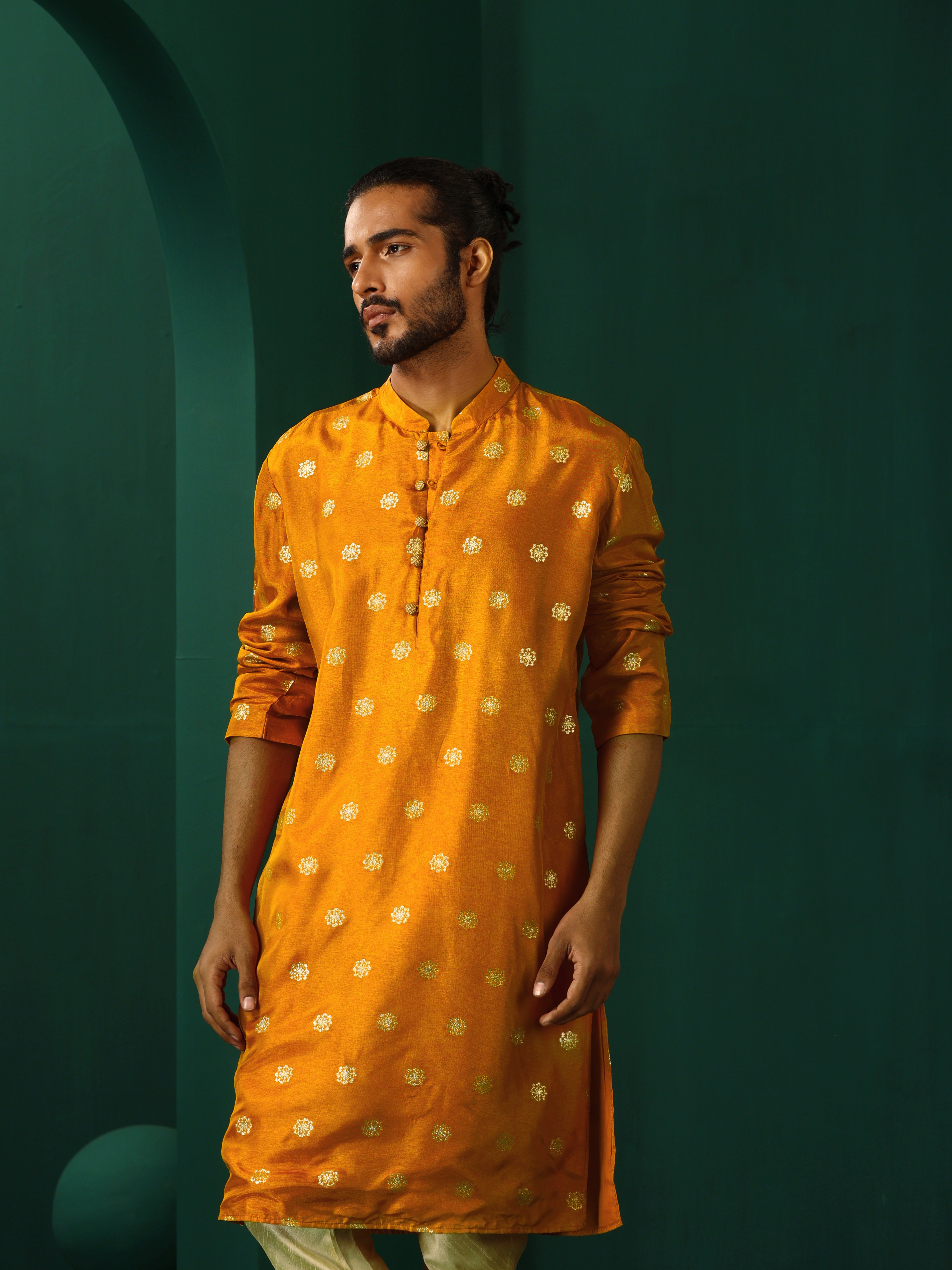 trueBrowns Men's Mustard Geometric Floral Viscose Silk Long Kurta | Grocsy