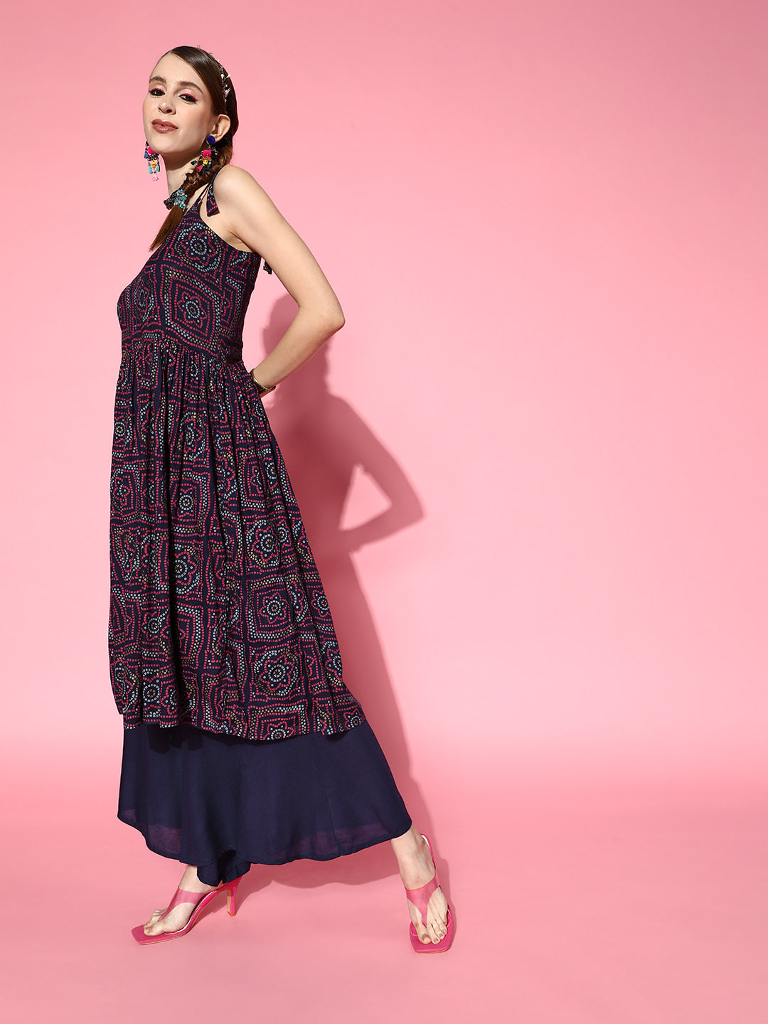 InWeave Women's Navy Bandhani Backdetail Kurta Set | Grocsy