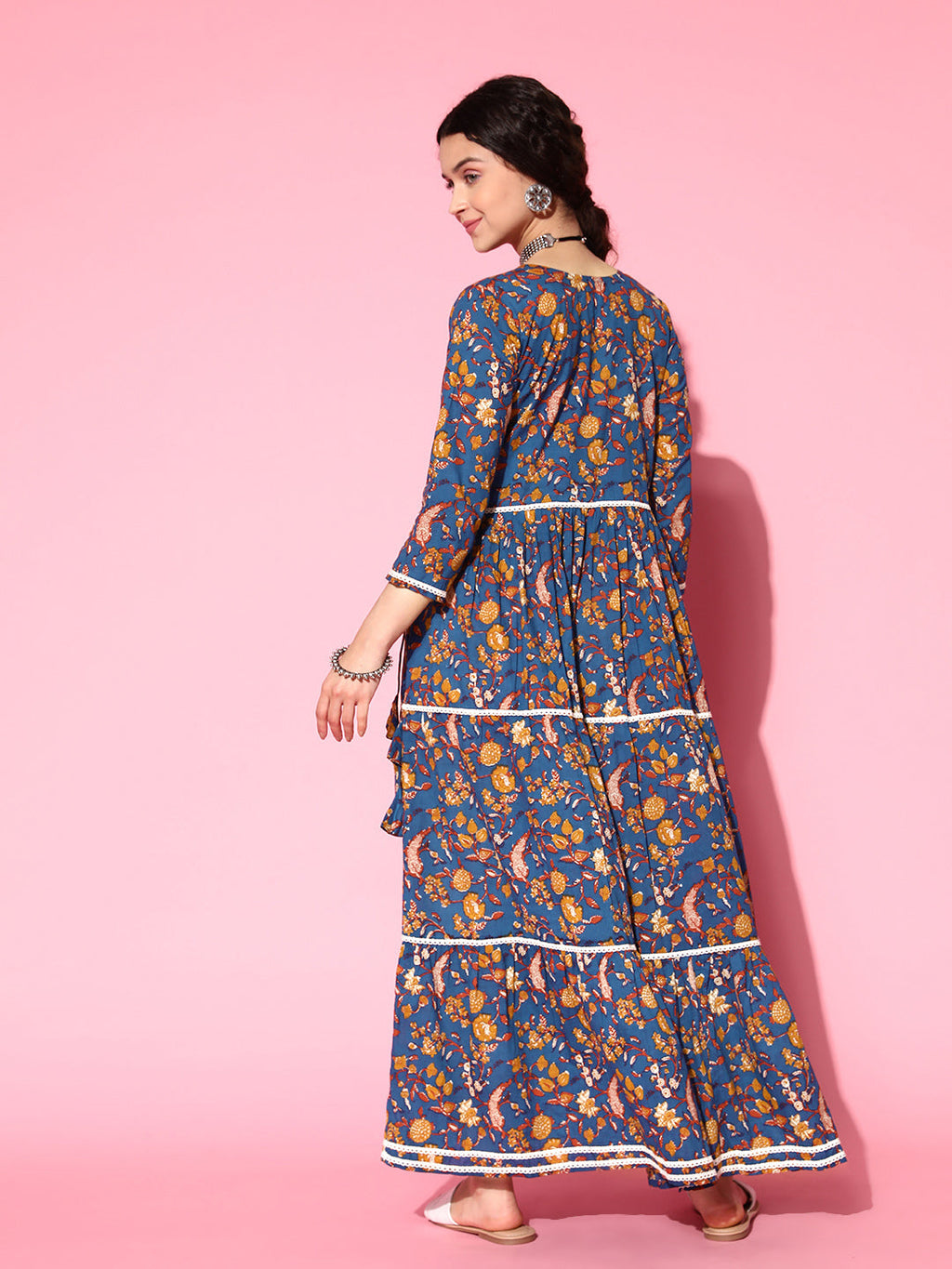 InWeave Women's Blue Floral Print Dress With Lace | Grocsy