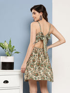 InWeave Women's Dark Green Floral Back Tie Up Detail Dress | Grocsy
