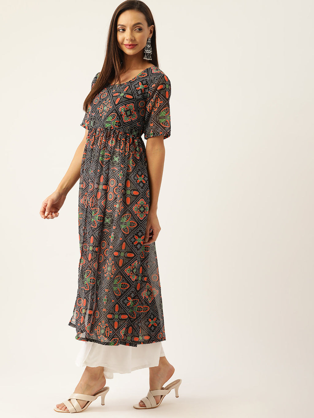InWeave Women's Black Bandhani Georgette Front Slit Kurta Set | Grocsy