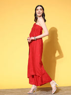 InWeave Women's Red Mirror Work One Shoulder Kurta Set | Grocsy