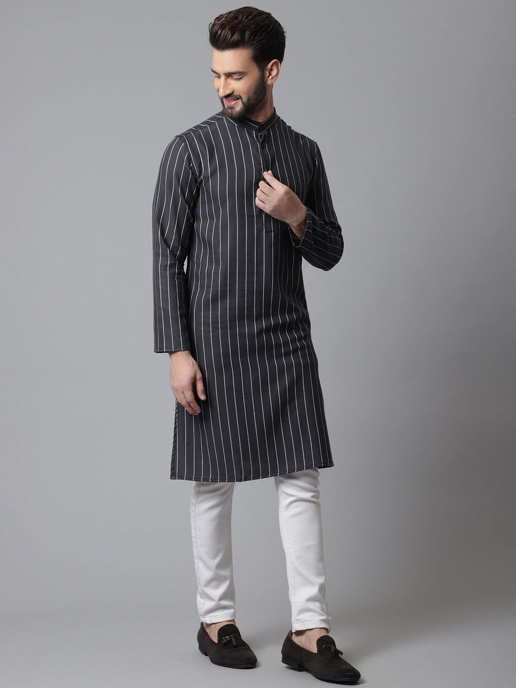 Even Apparels Black Pure Cotton Kurta With Band Collar | Grocsy
