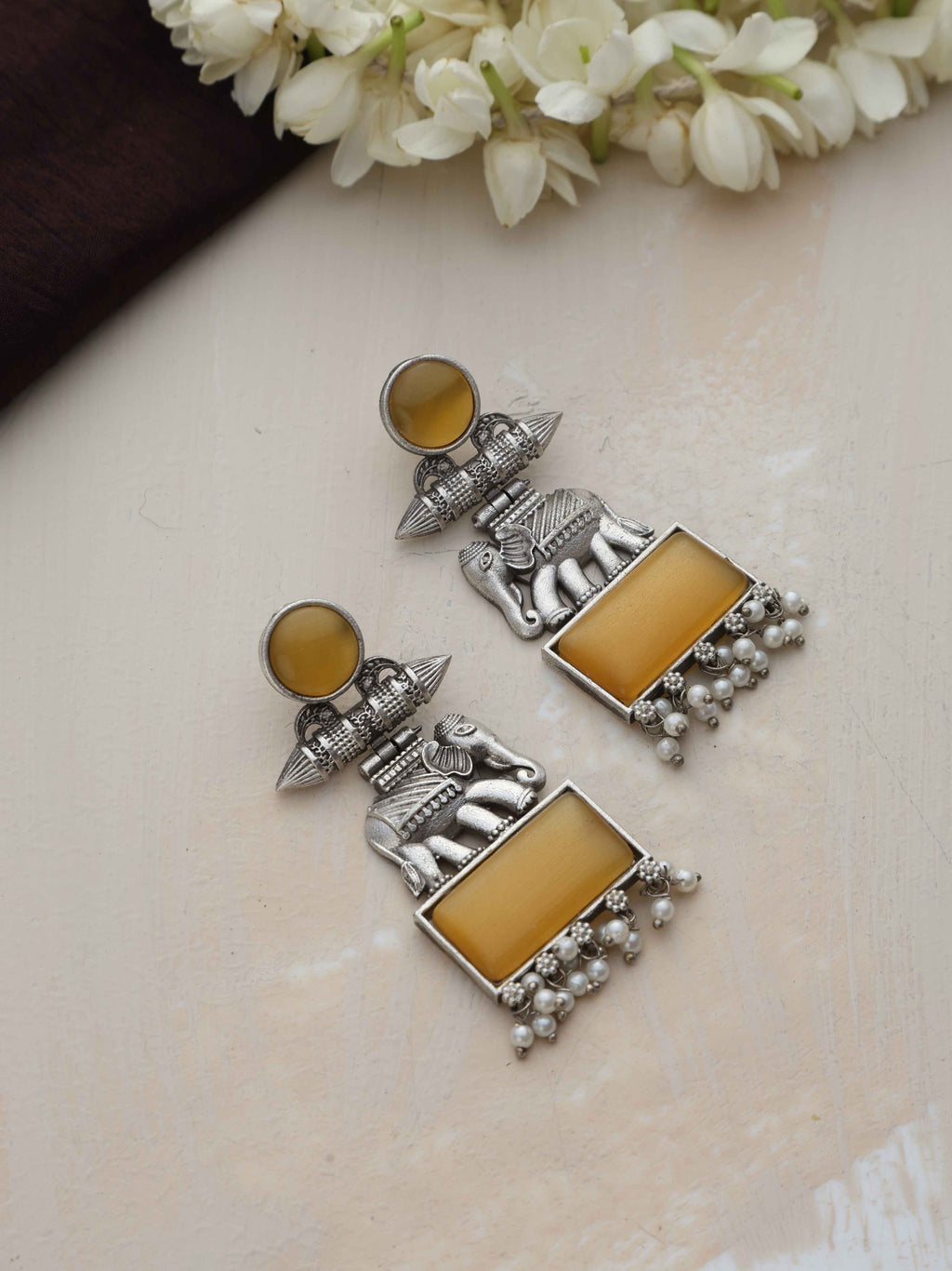 trueBrowns Silver Tone Yellow Stone Earrings | Grocsy