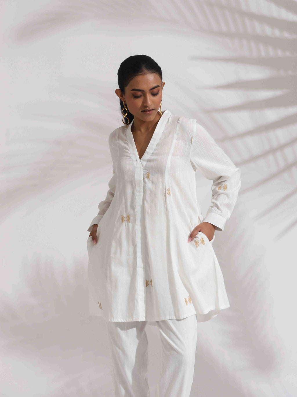 trueBrowns Off-White Cotton Embroidered A-line Co-ord Set | Grocsy