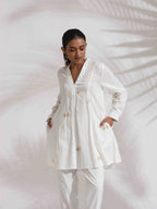 trueBrowns Off-White Cotton Embroidered A-line Co-ord Set | Grocsy