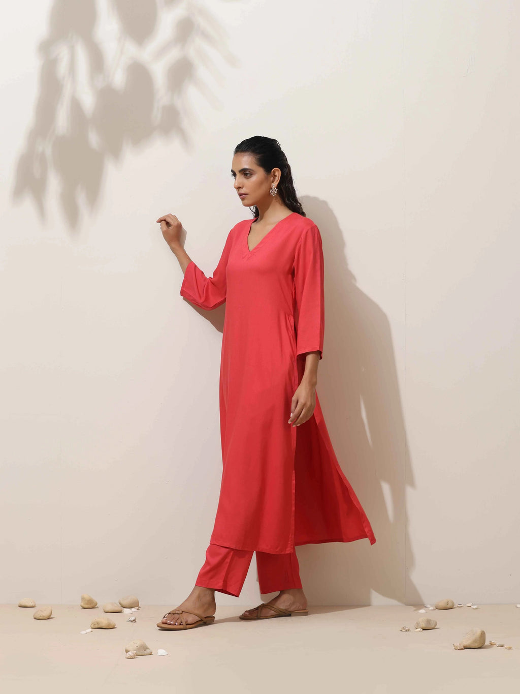 trueBrowns Coral Viscose Solid Kurta Pant Set | Grocsy