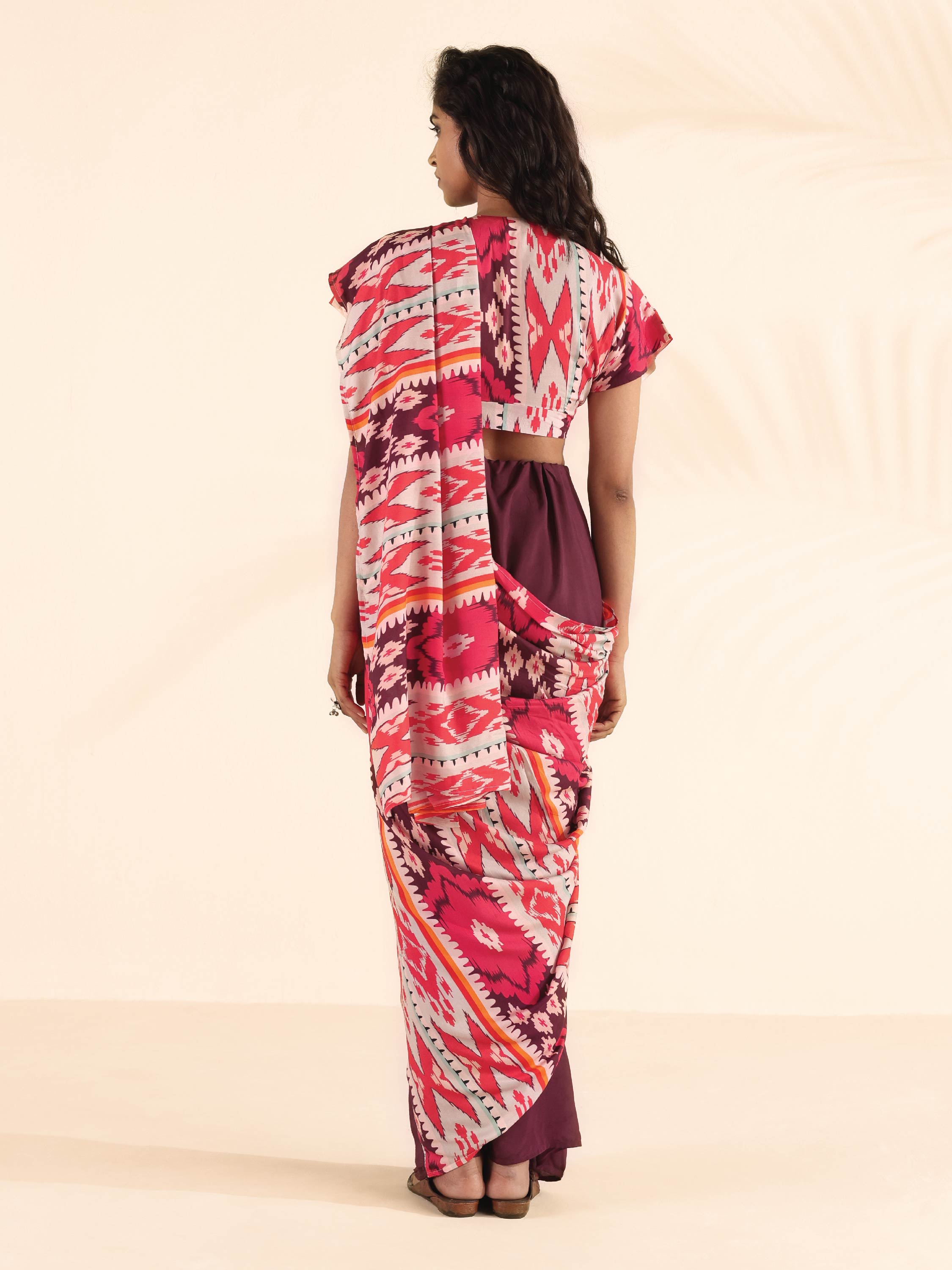 trueBrowns Maroon Muslin Ikat Ready to Wear Saree | Grocsy