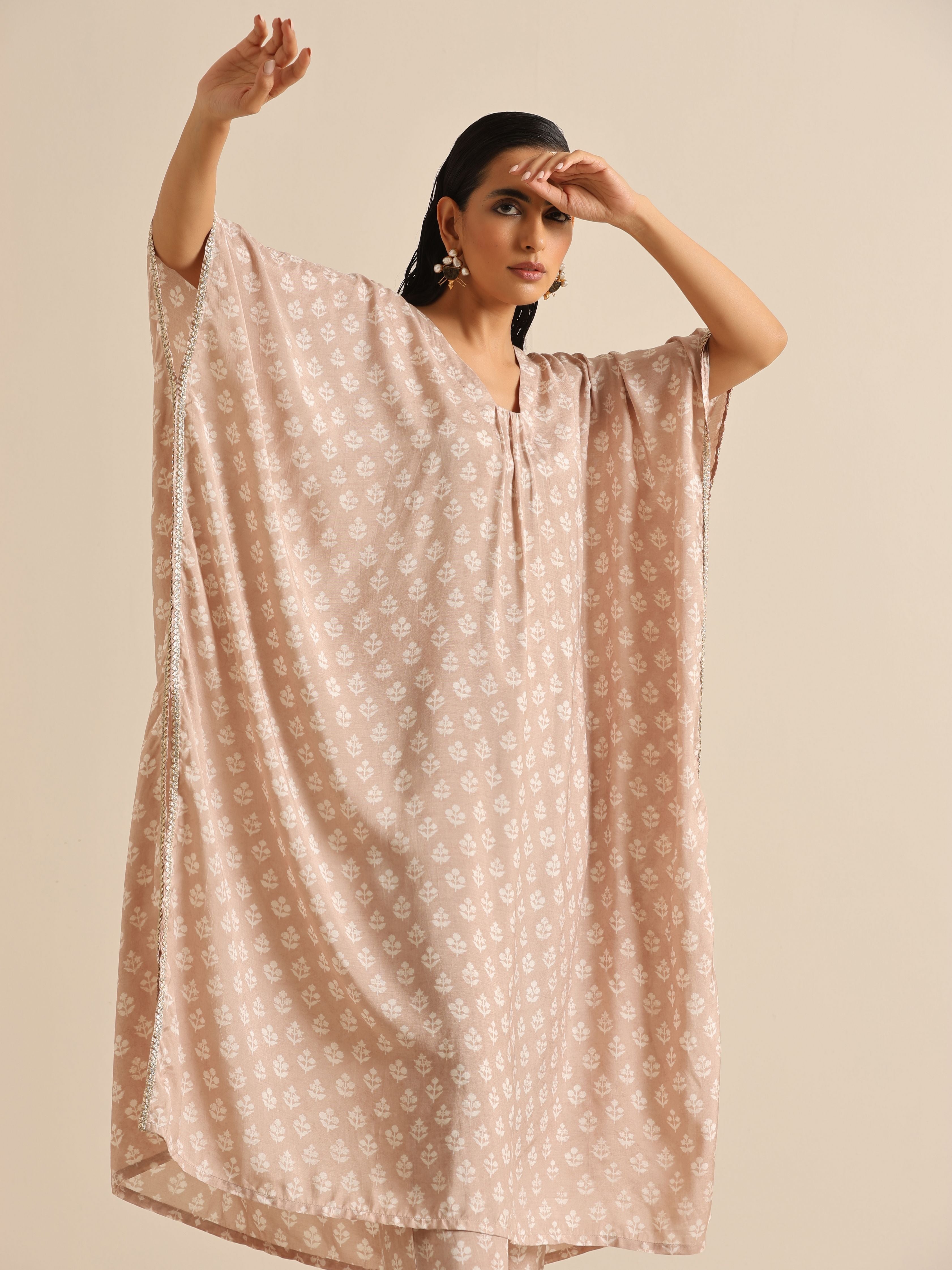 trueBrowns Beige White Floral Silk Print Kaftan Pant Set | Grocsy