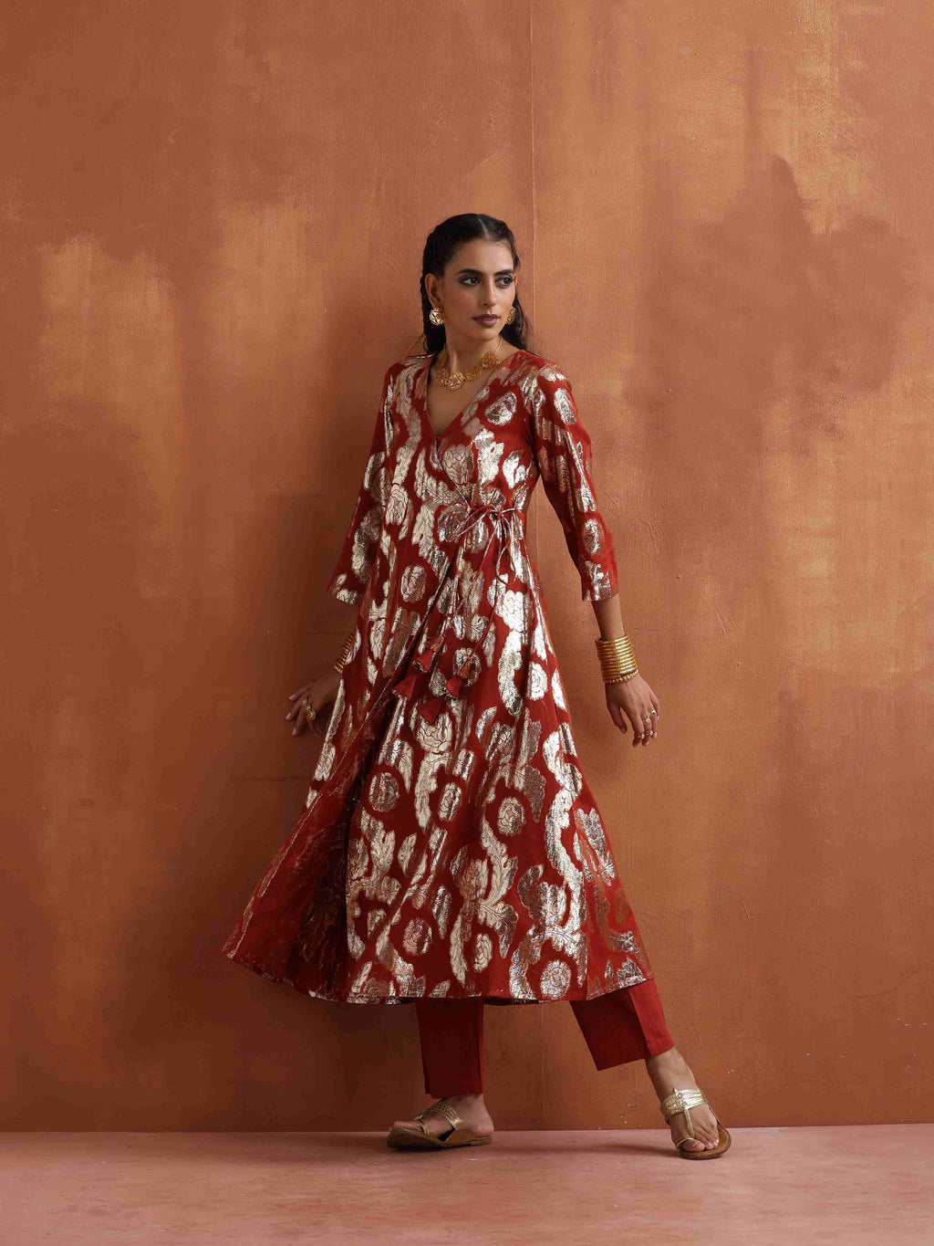 trueBrowns Rust Metallic Angrakha Kurta Set | Grocsy