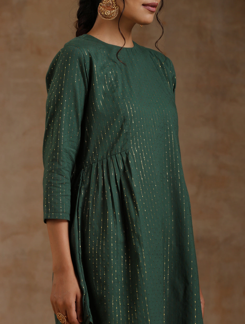 trueBrowns Dark Green Gold Cotton Side Gather Co-Ord Set | Grocsy