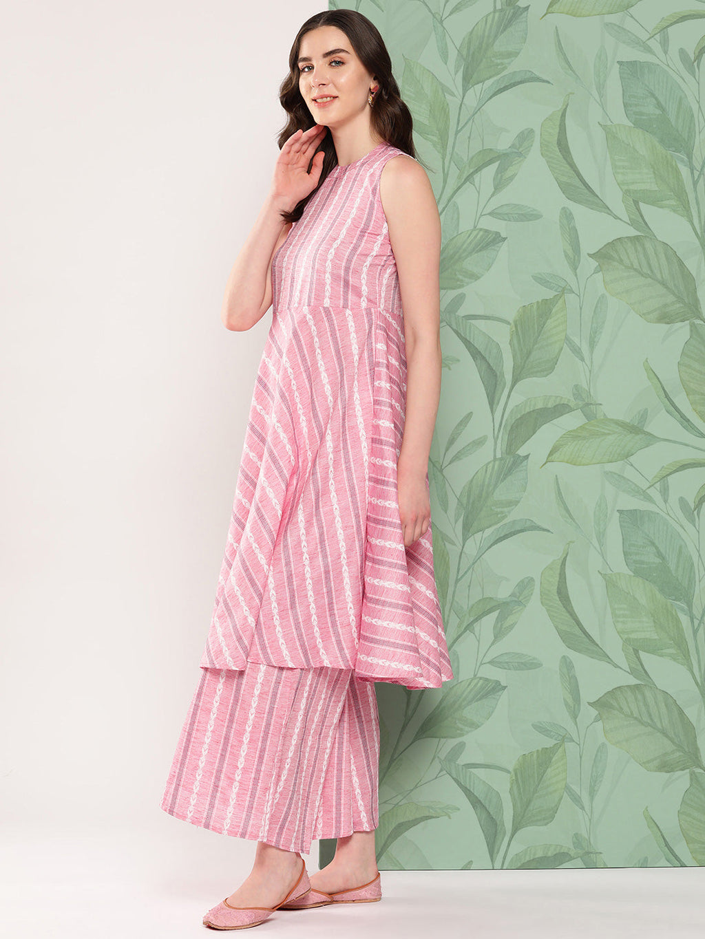 InWeave Women's Pink Kantha Striped Kurta Set | Grocsy