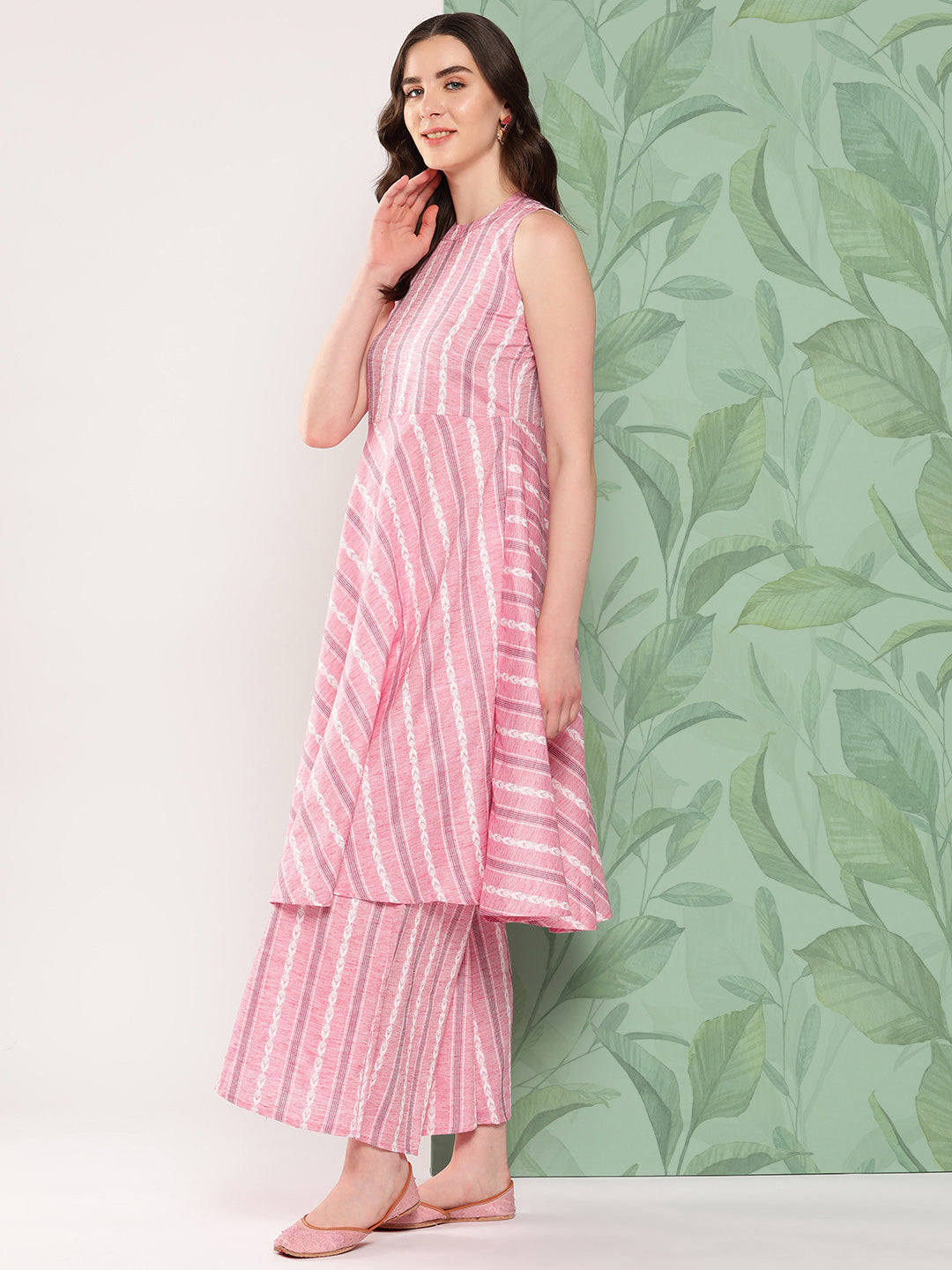 InWeave Women's Pink Kantha Striped Kurta Set | Grocsy