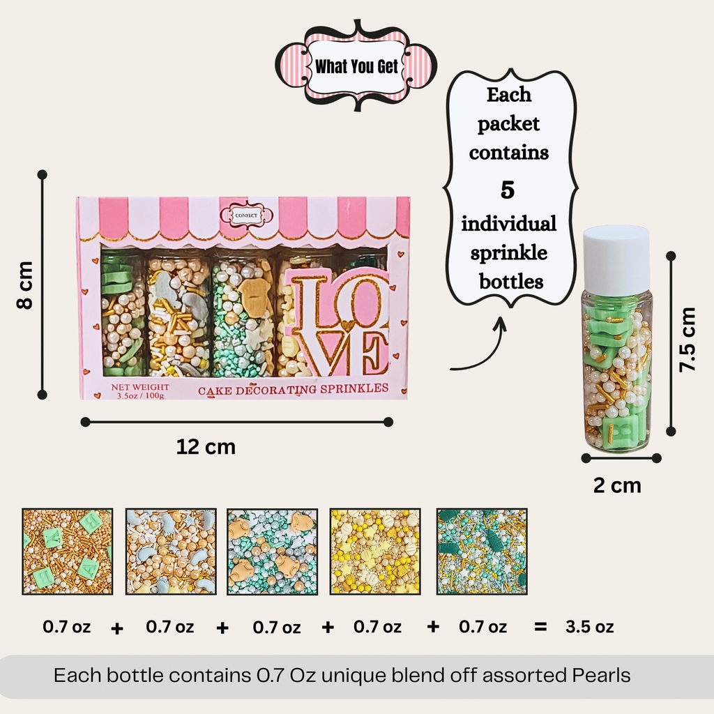 Confect Baby Shower Sprinkles | Mix Gold, Silver, Mint Green & Pearl Dragees Pack of 5 (BABY SHOWER -01) | Grocsy