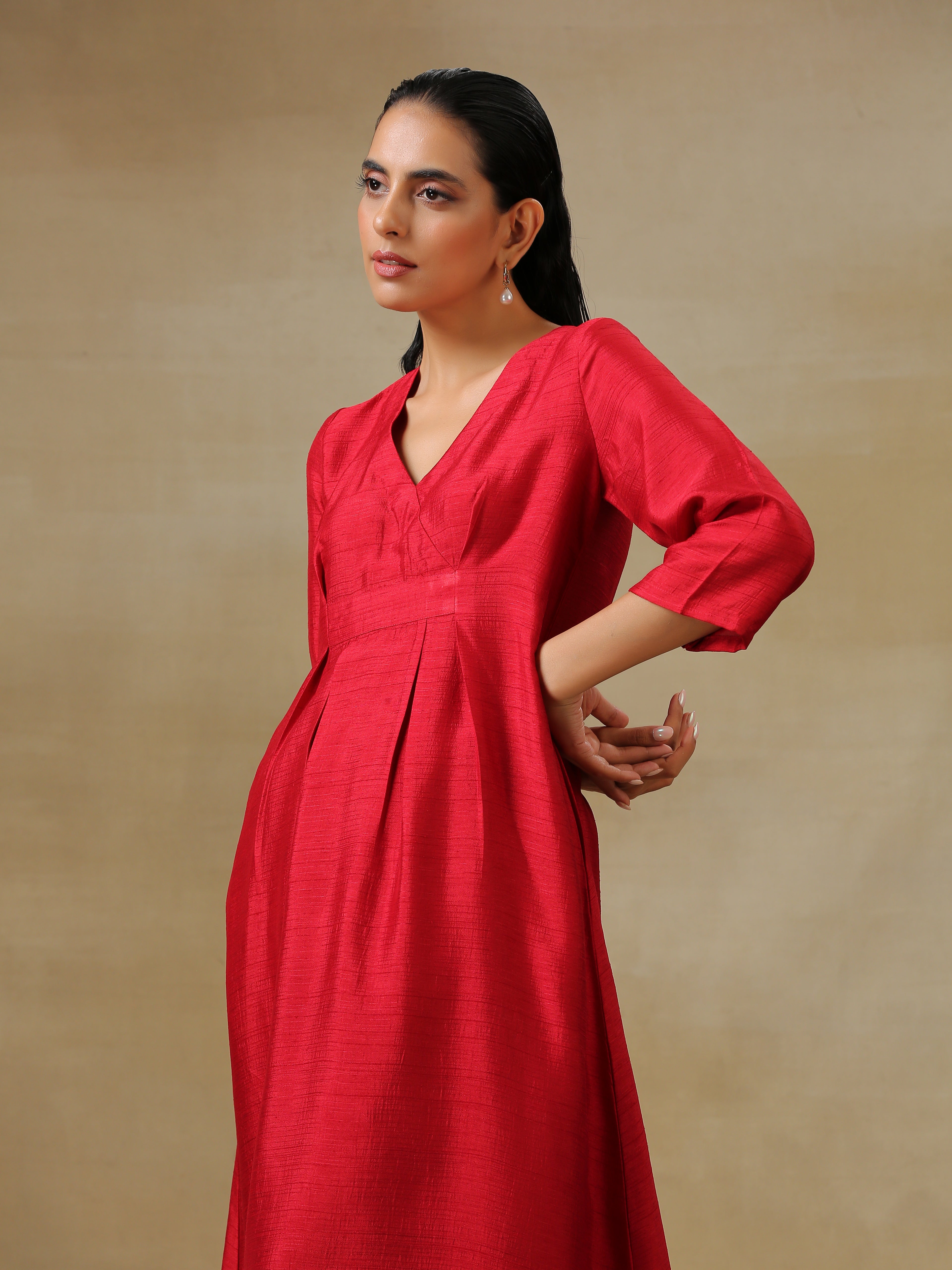 trueBrowns Maroon Textured Silk Overlap Pleat Kurta Pant Set | Grocsy