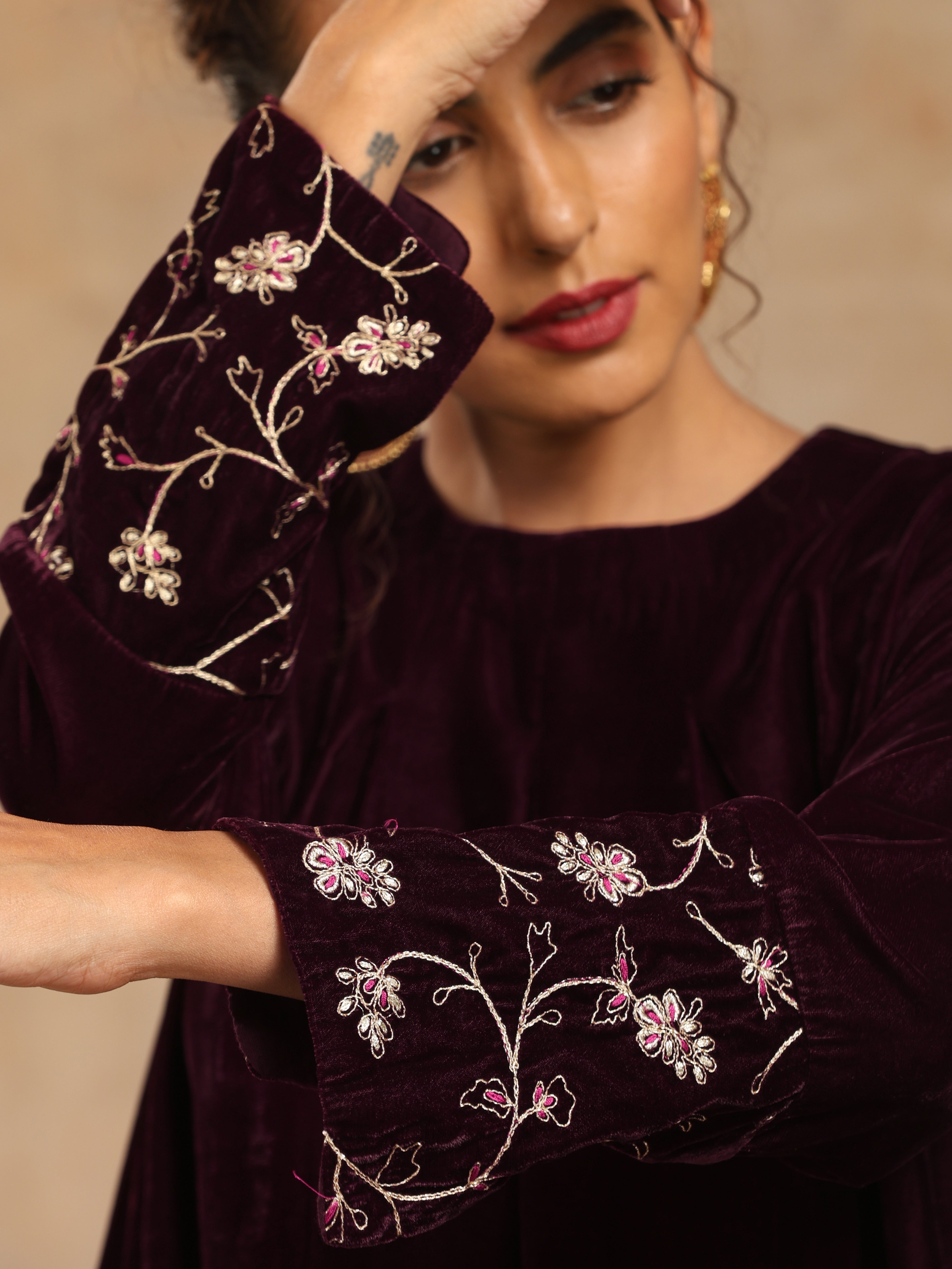 trueBrowns Wine Velvet Embroidered Kurta | Grocsy