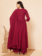 InWeave Women's Maroon Chikankari Long Anarkali Kurta Palazzo Set W Dupatta | Grocsy