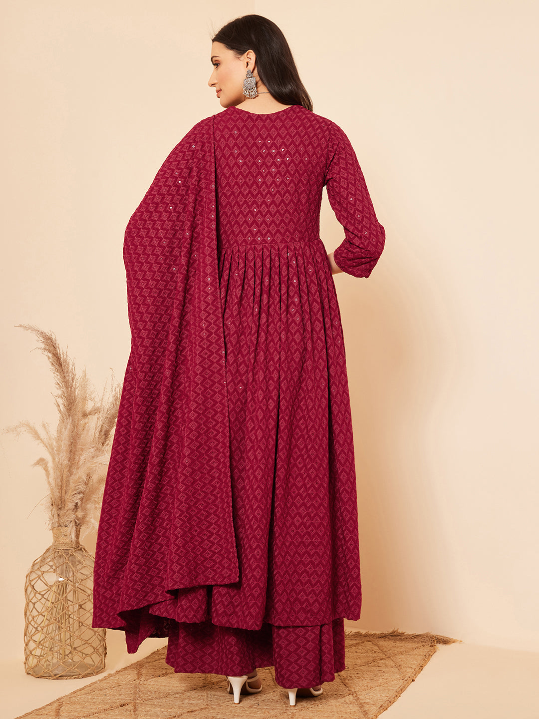 InWeave Women's Maroon Chikankari Long Anarkali Kurta Palazzo Set W Dupatta | Grocsy