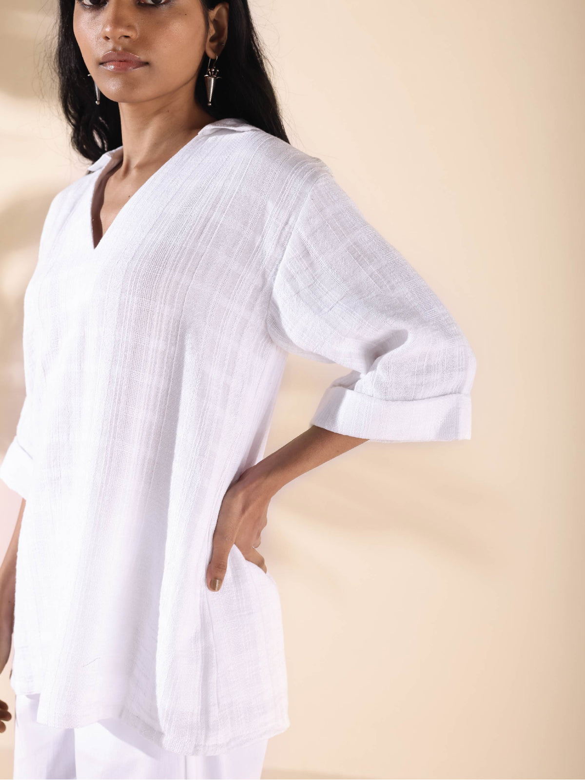 trueBrowns White Cotton Dobby V-Neck Co-ord Set | Grocsy