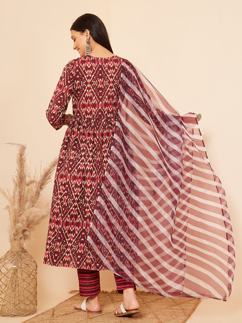 InWeave Women's Wine Ikkat Print Alia Cut Gota Work Kurta Set W Wine Leh Dup | Grocsy
