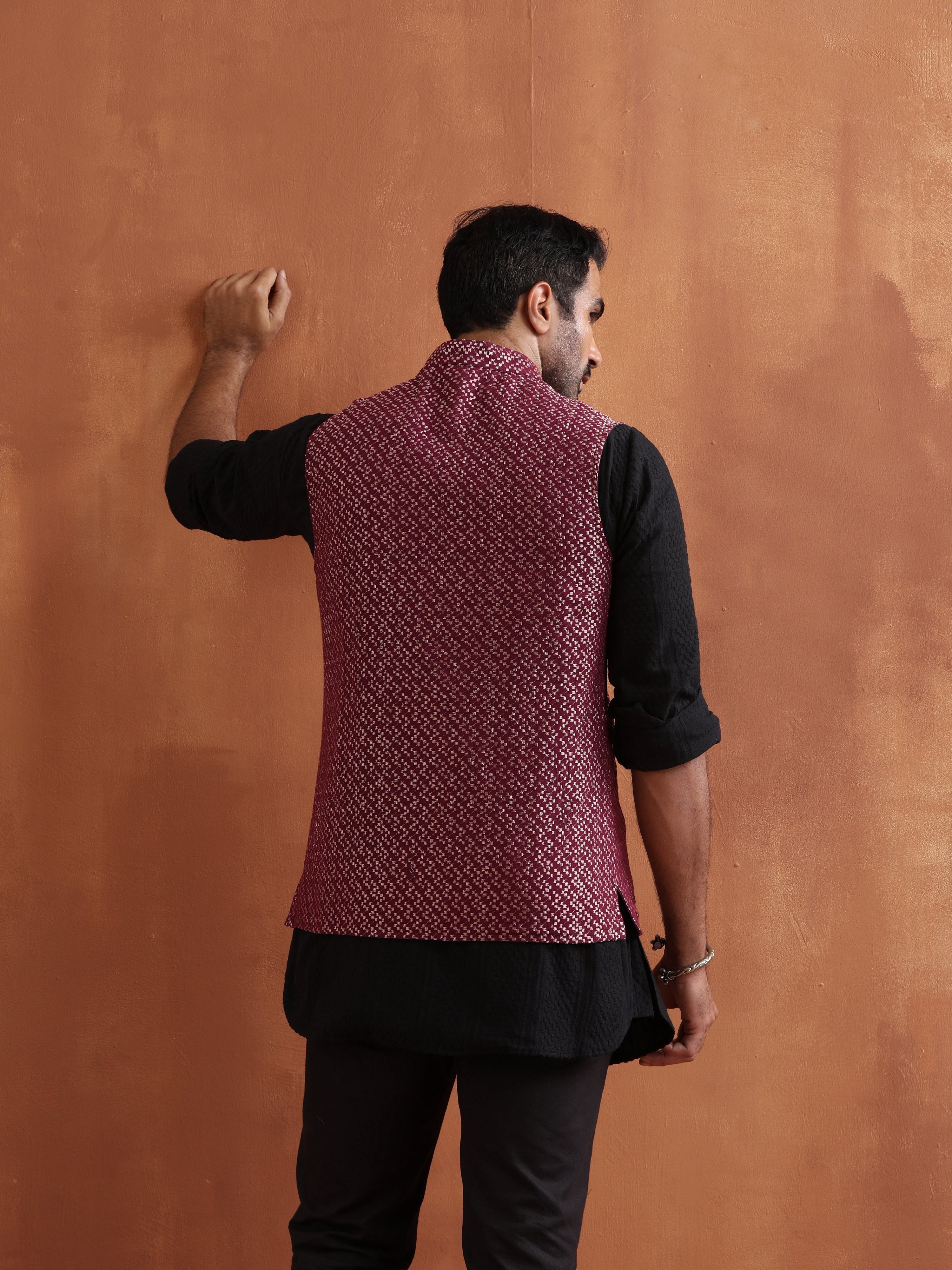 trueBrowns Men's Dark Purple Cotton Dobby Nehru Jacket | Grocsy