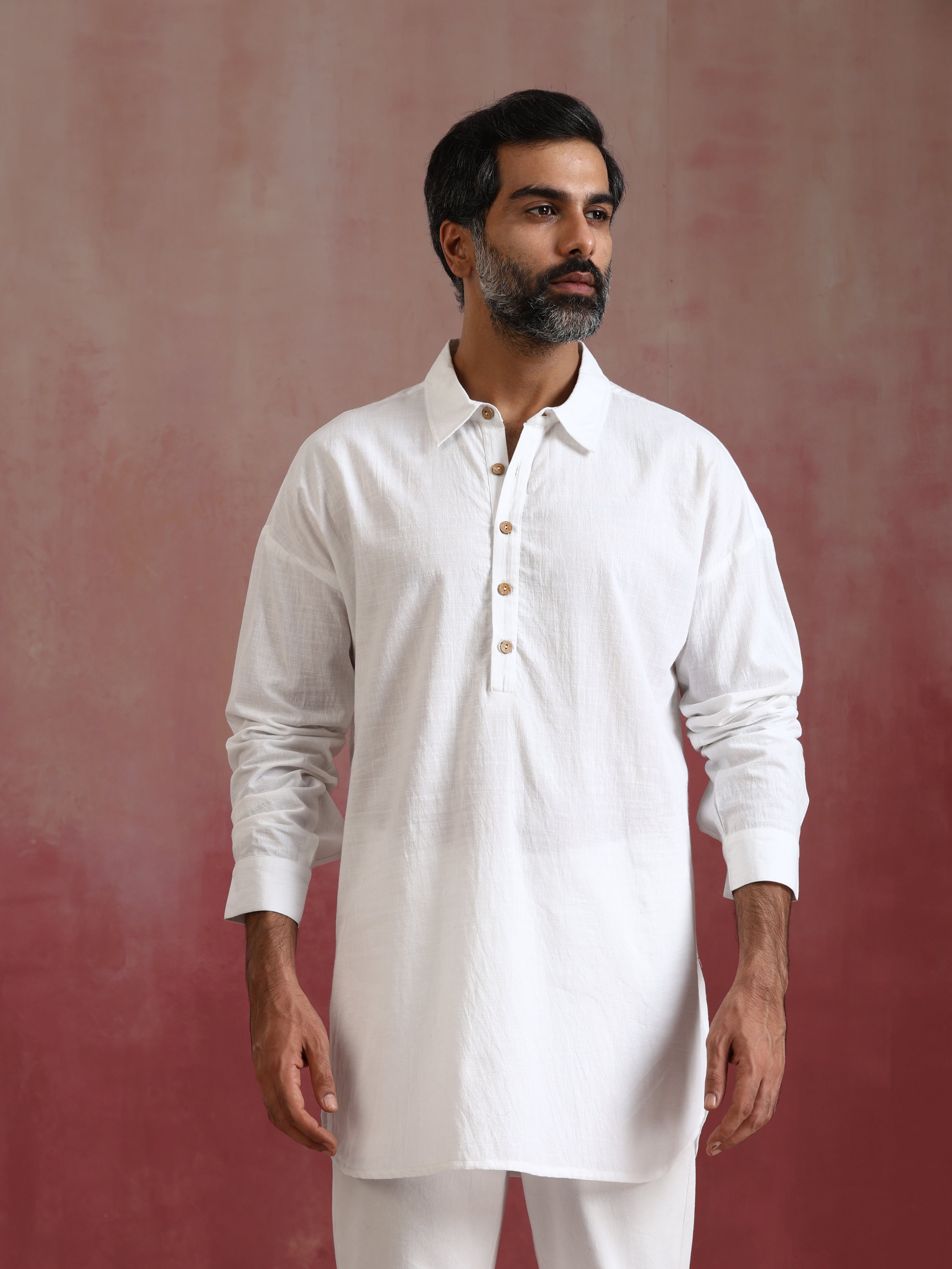 trueBrowns Men's White Cotton Shirt Collar Stylized Kurta Co-ord set | Grocsy