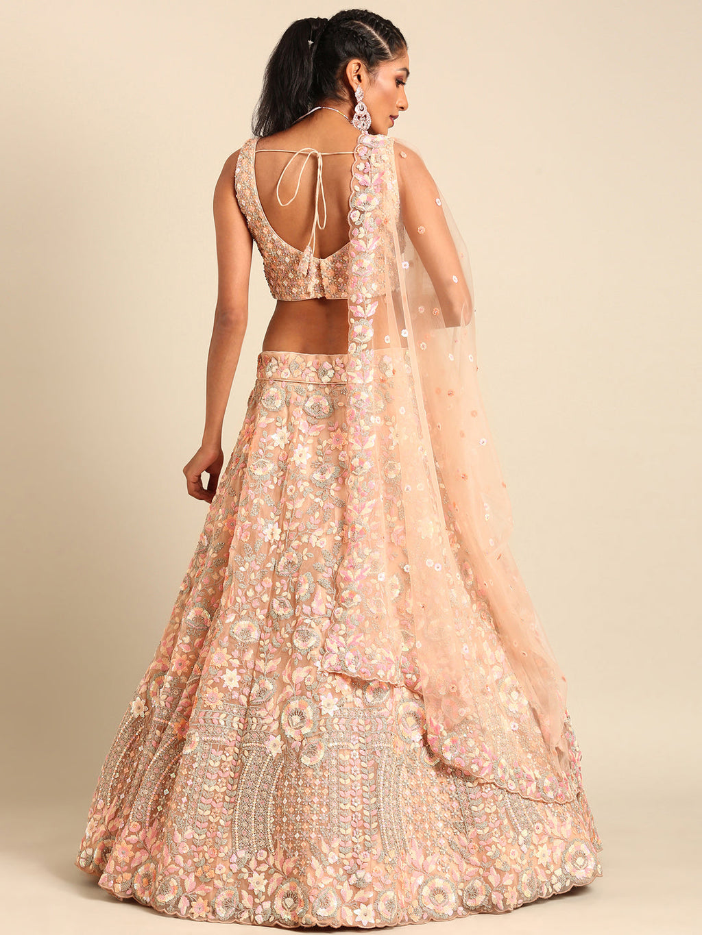 House of Panchhi Peach Net Multi Sequins with heavy Zarkan embroidery Lehenga choli & Dupatta | Grocsy