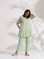 trueBrowns Green Cotton Floral Embroidered Co-ord Set | Grocsy