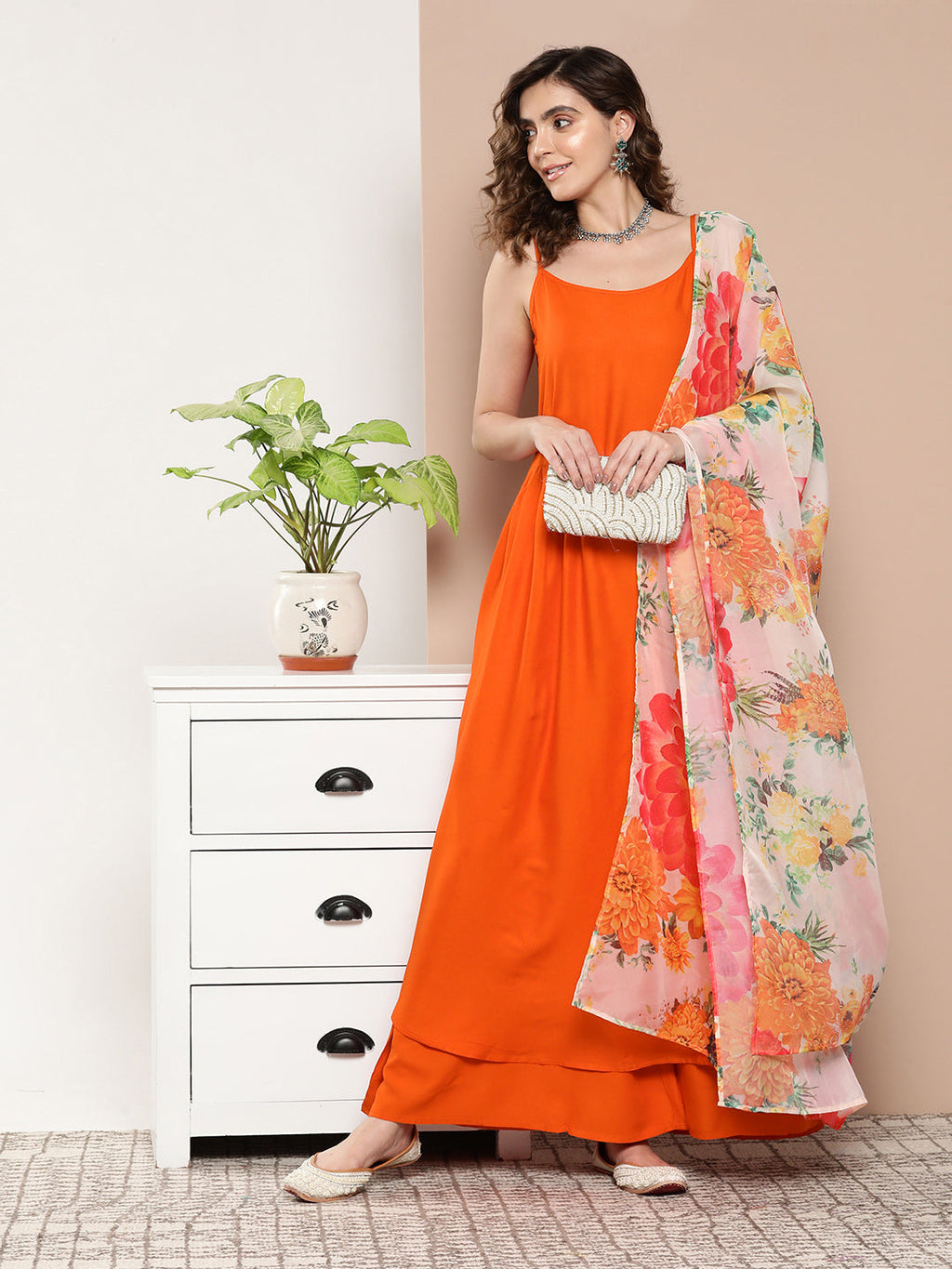 InWeave Women's Orange Strppy Set With Red Big Floral Print Dupatta | Grocsy