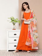 InWeave Women's Orange Strppy Set With Red Big Floral Print Dupatta | Grocsy
