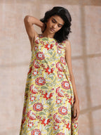 trueBrowns Yellow Overall Floral Block Print Cotton Sleeveless Kurta Pant Set | Grocsy