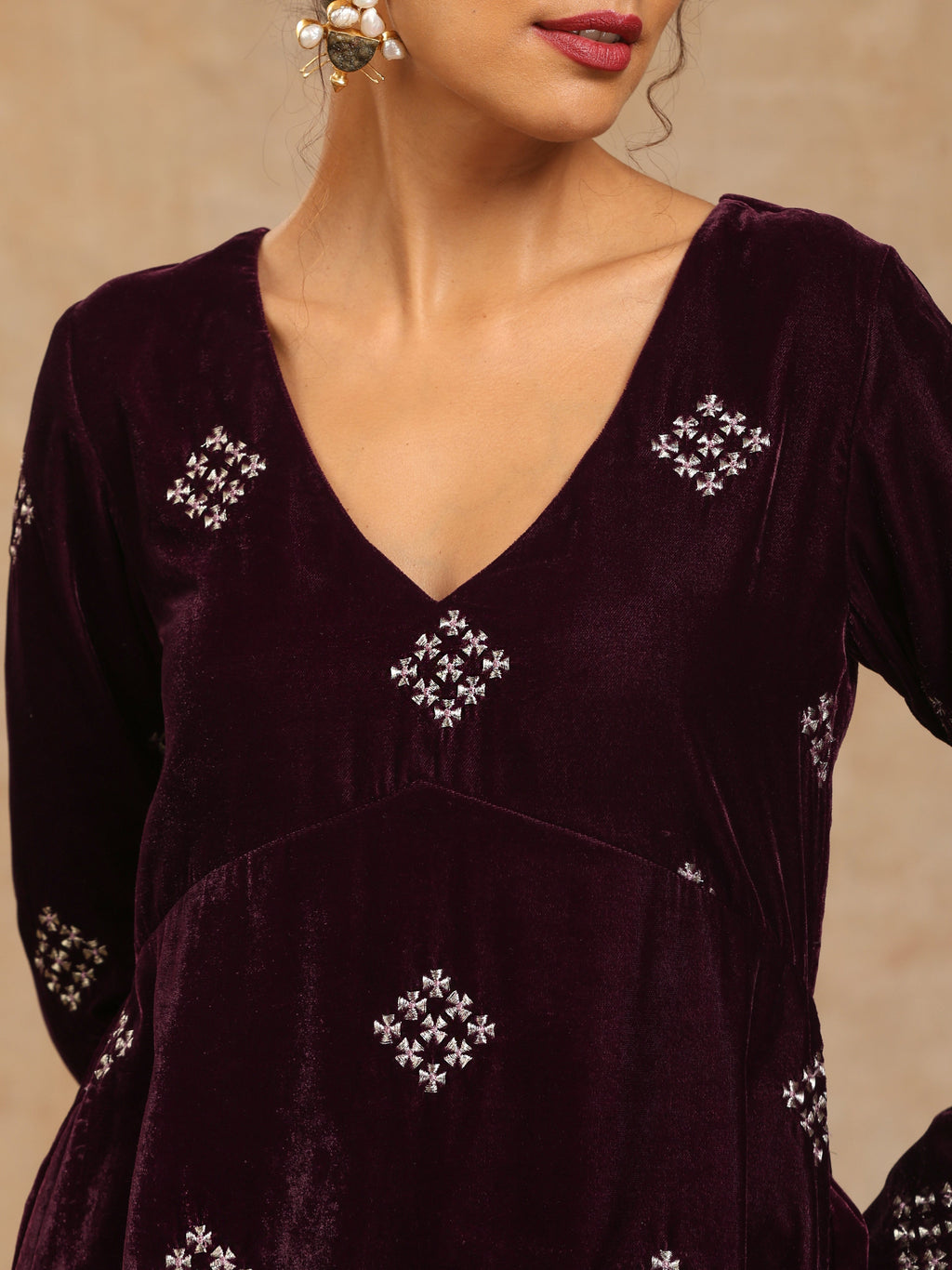 trueBrowns Wine Velvet Embroidered Co-ord Set | Grocsy