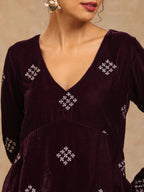 trueBrowns Wine Velvet Embroidered Co-ord Set | Grocsy
