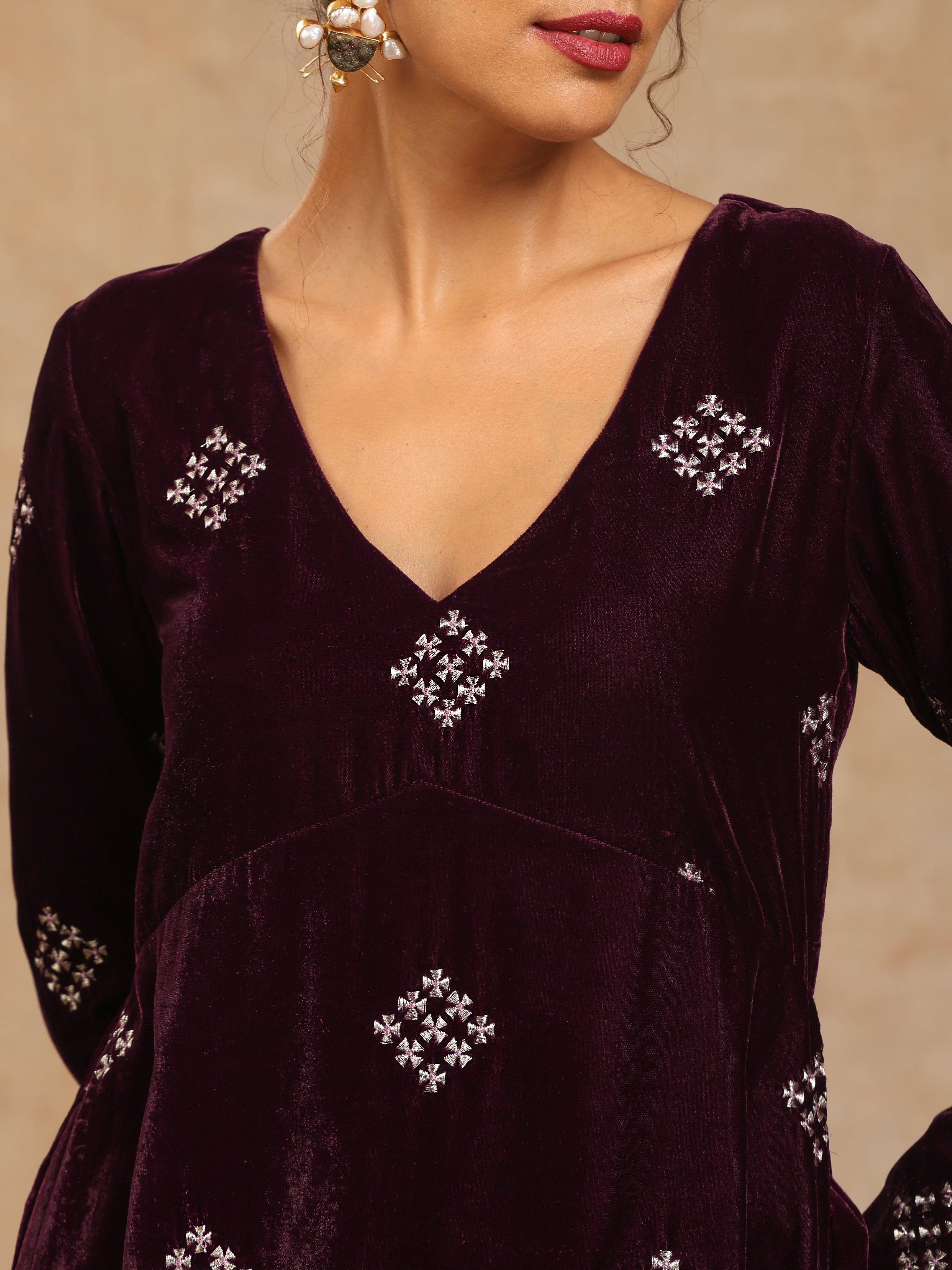 trueBrowns Wine Velvet Embroidered Co-ord Set | Grocsy
