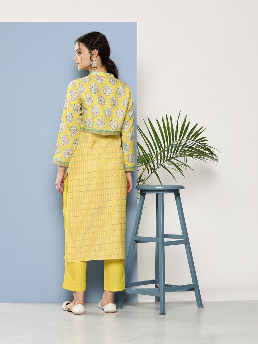 Ahalyaa Women Yellow Floral Printed Kurta with Trousers & Jacket | Grocsy