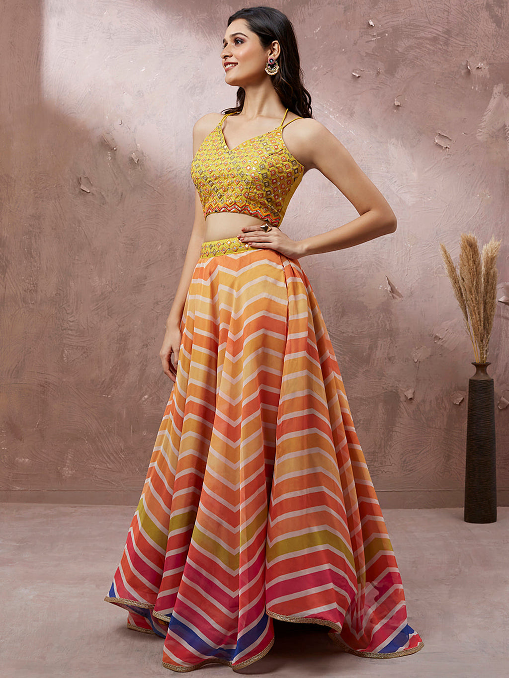 House of Panchhi Yellow Organza Leheriya Printed Lehenga Choli & Dupatta | Grocsy