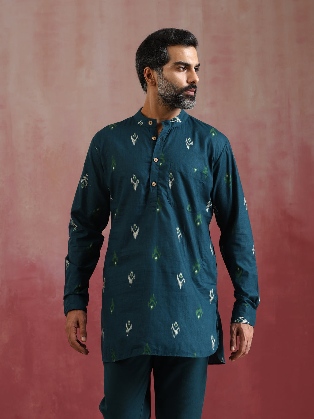 trueBrowns Men's Blue Ikat Print Mandarin Collar Kurta Co-ord set | Grocsy