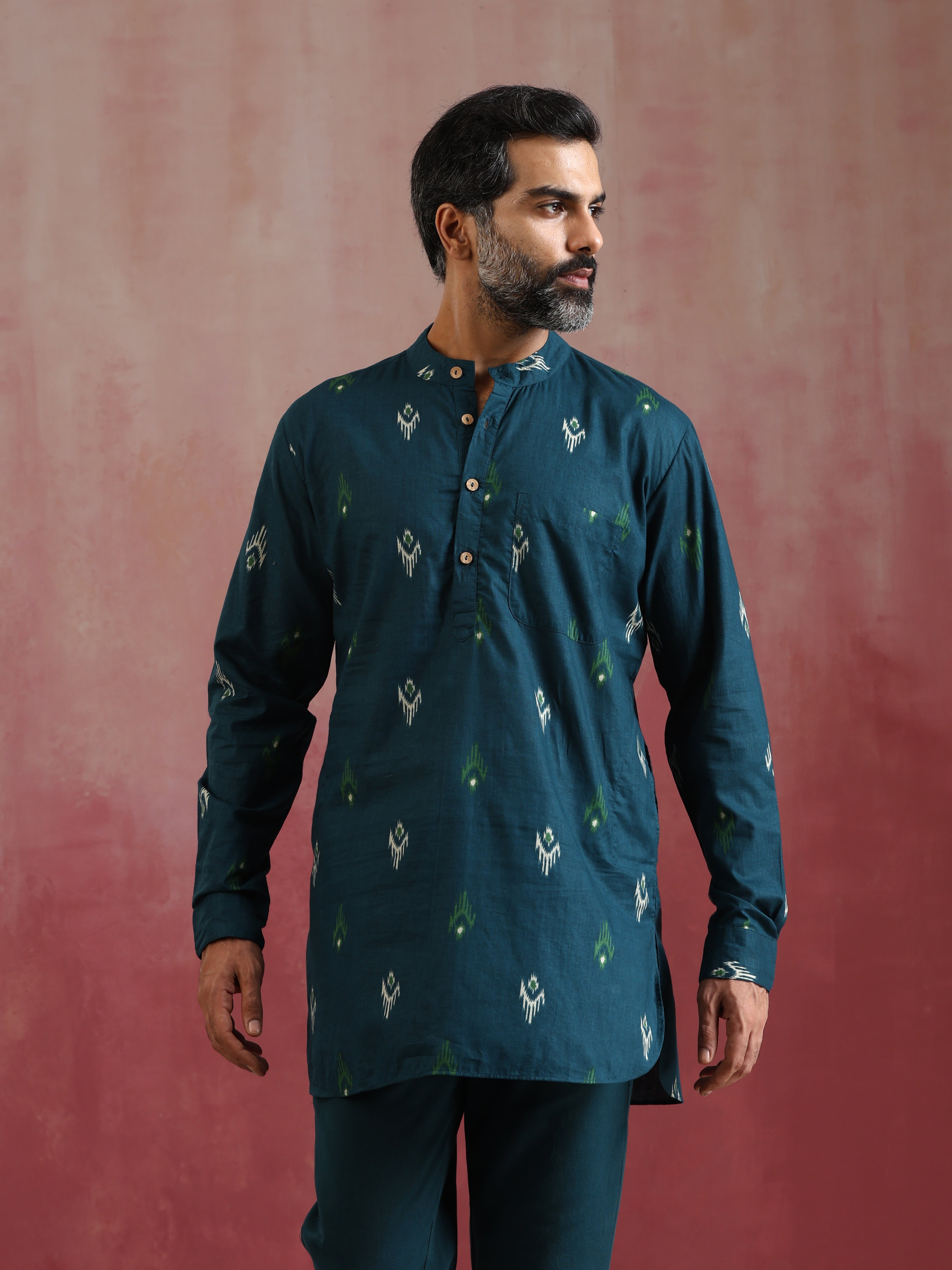 trueBrowns Men's Blue Ikat Print Mandarin Collar Kurta Co-ord set | Grocsy