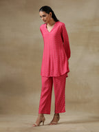 trueBrowns Pink Bandhani Printed Silk Gathered Sleeve Co-Ord Set | Grocsy