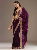 Tulsi Art Stunning Wine Embroidered Silk Reception Wear Saree With Blouse | Grocsy