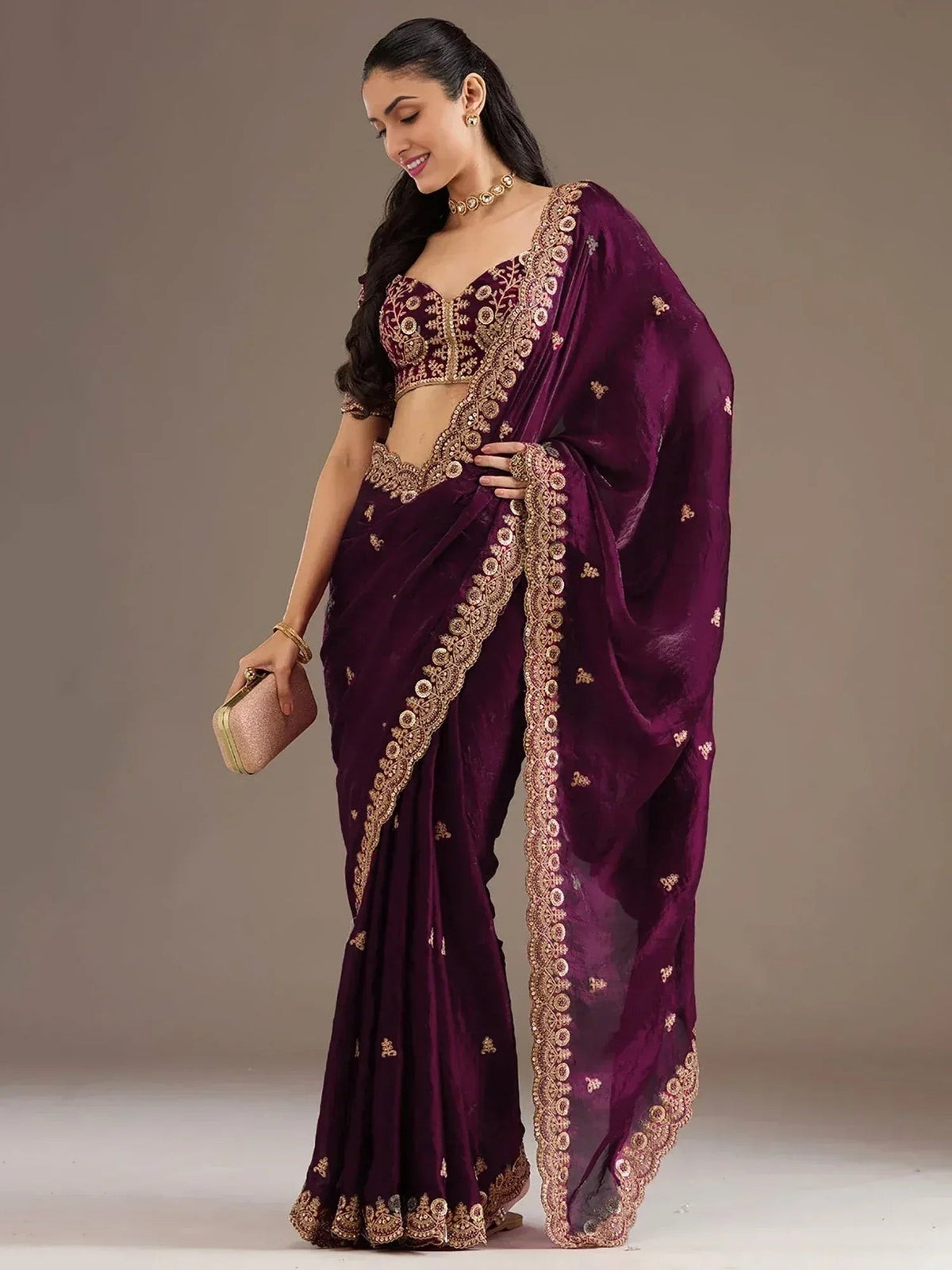 Tulsi Art Stunning Wine Embroidered Silk Reception Wear Saree With Blouse | Grocsy