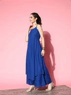 InWeave Women's Ink Blue Strappy Kurta Set With Teal Organza Cape | Grocsy