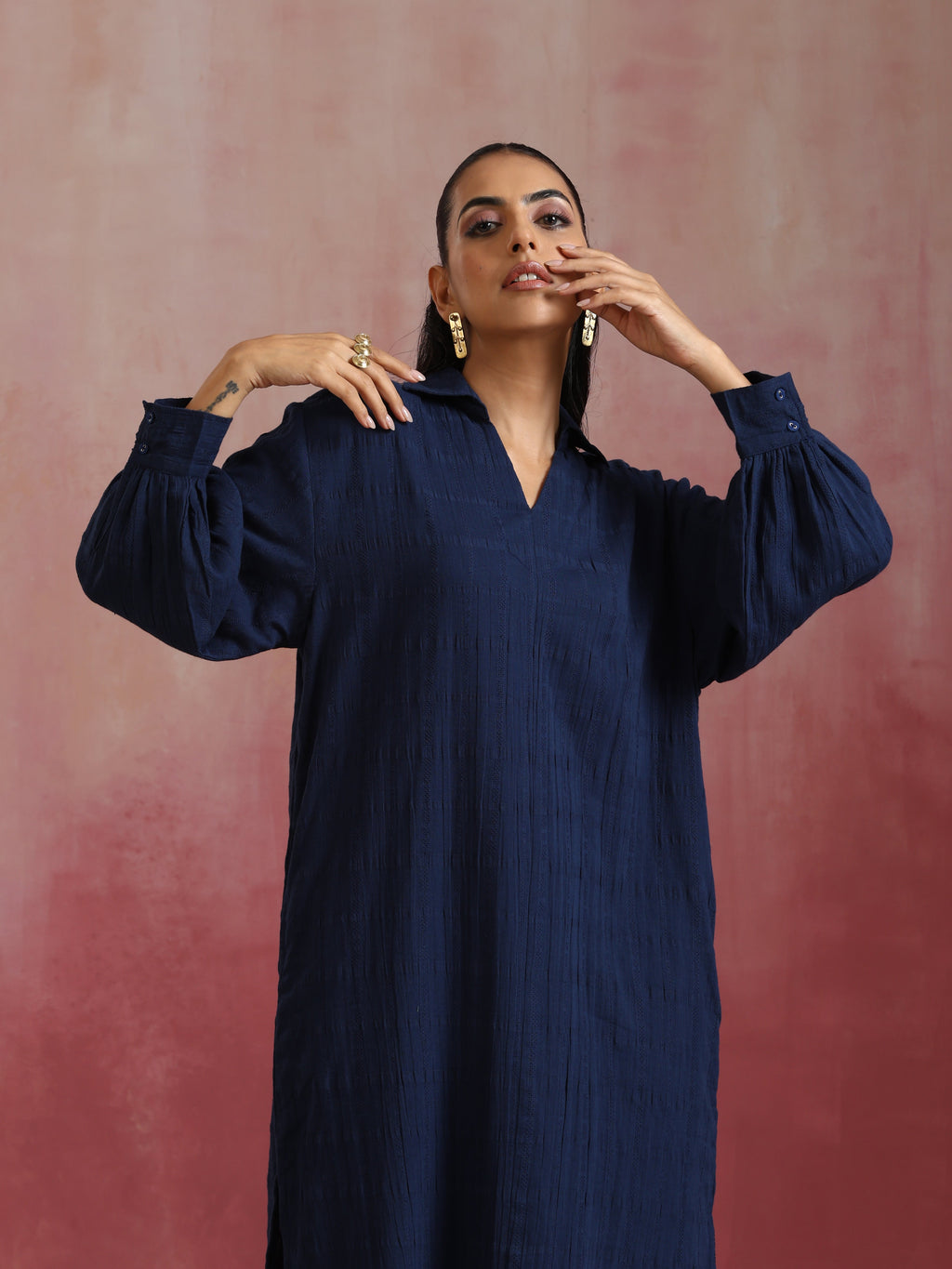 trueBrowns Dark Blue Cotton Dobby Dress | Grocsy