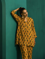 trueBrowns Mustard Flower Stem Muslin Silk Printed Relaxed Co-ord Set | Grocsy