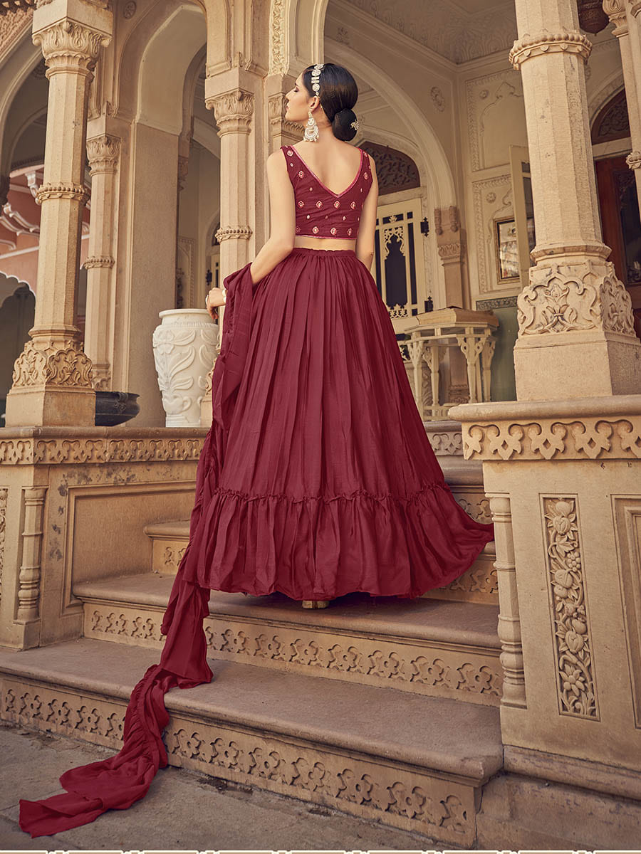 Myra Maroon Chinon & Art SIlk Embroidered Designer Lehenga Choli | Grocsy