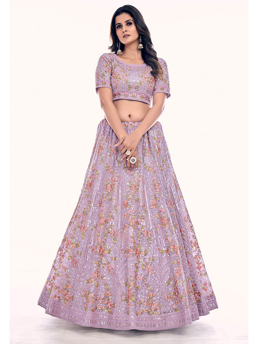 Myra Lilac Soft Net Embroidered Designer Lehenga Choli | Grocsy