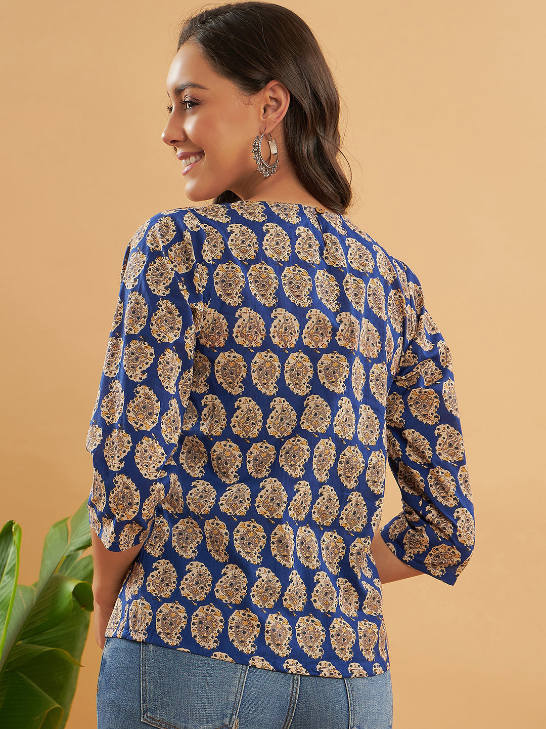 InWeave Women's Ink Blue Small Paisley Kalamkari Top | Grocsy